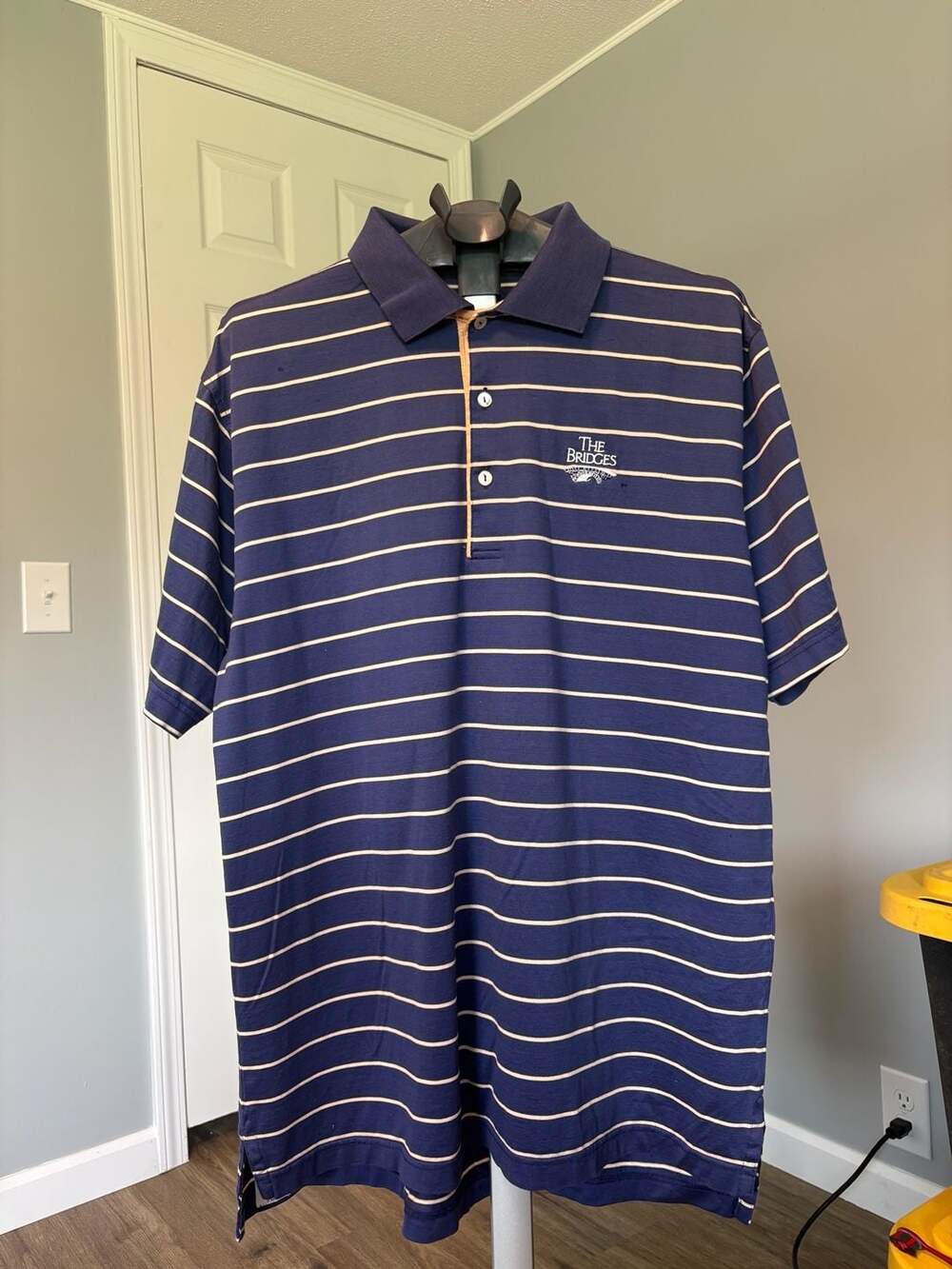 Peter Millar The Bridges Navy Blue Striped Cotton Golf Polo Shirt Men's Size L